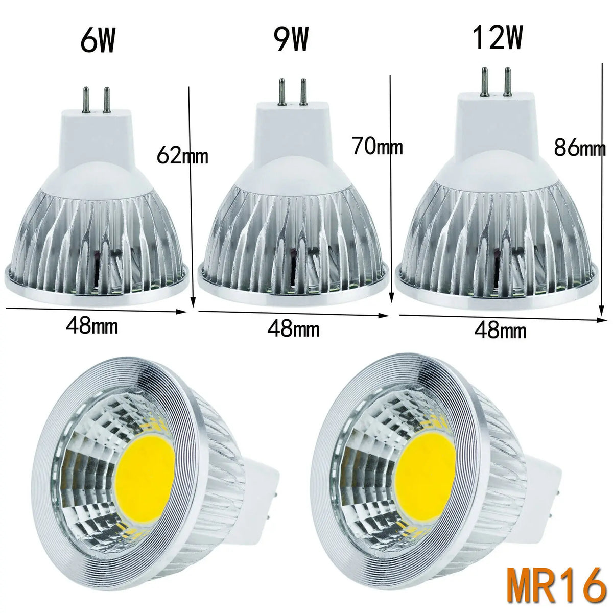 10-Pack Low Voltage Dimmable COB LED Spotlight Bulbs (DC 12V-24V | 6W/9W/12W) - GU10, MR16, E27 High-Power Bulbs in Warm & Cold White