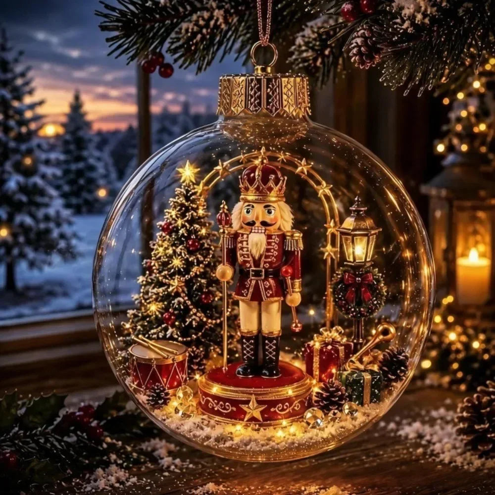 1pc 8CM Size Acrylic Material Christmas Ball Ornament Transparent Design with Light Santa Claus Pendant Hanging Christmas Decor
