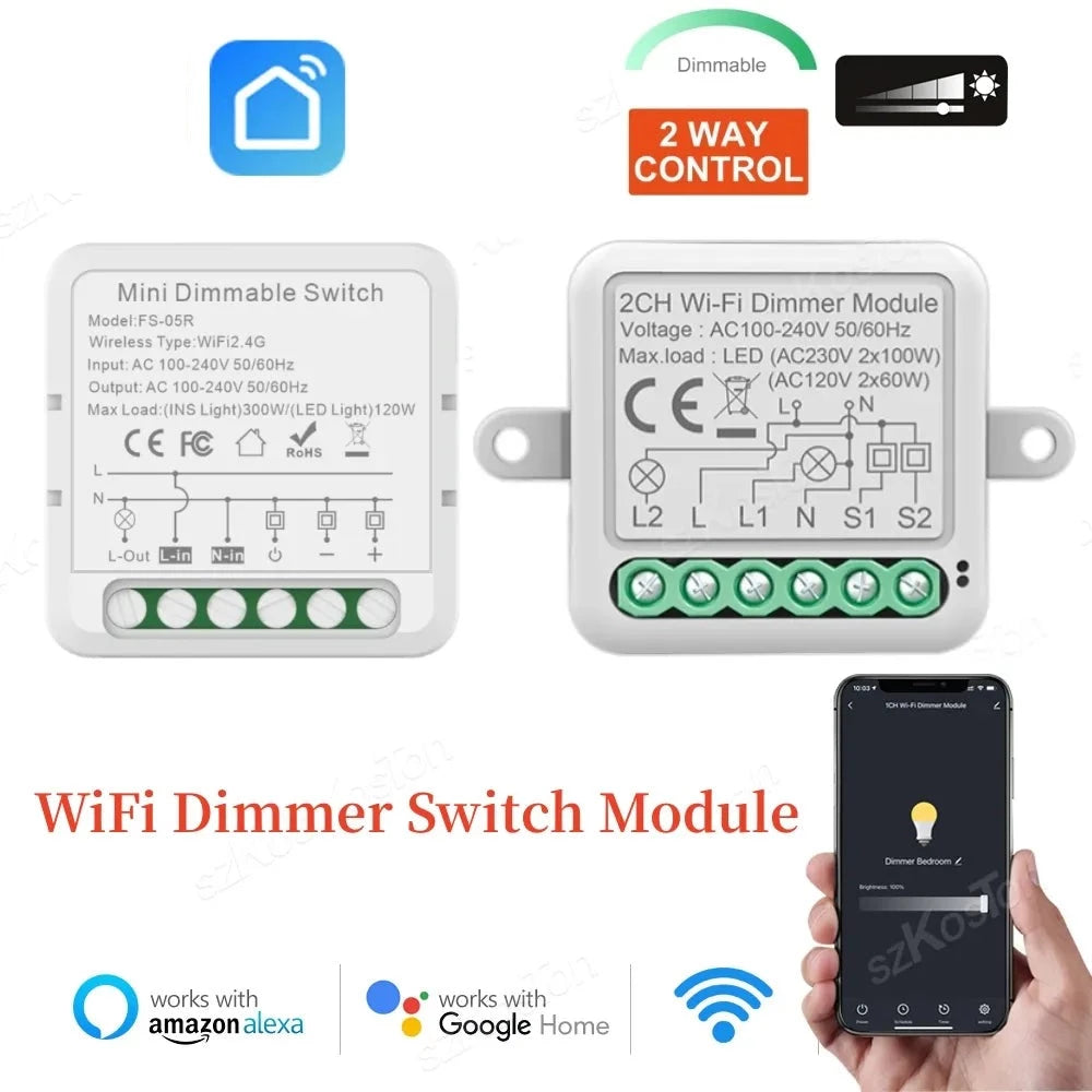  Wi fi Smart Dimmer Switch Module 10A Support 2 Way Control 1/2 Gang Dimmable Compatible with Alexa Google Home Smart life App