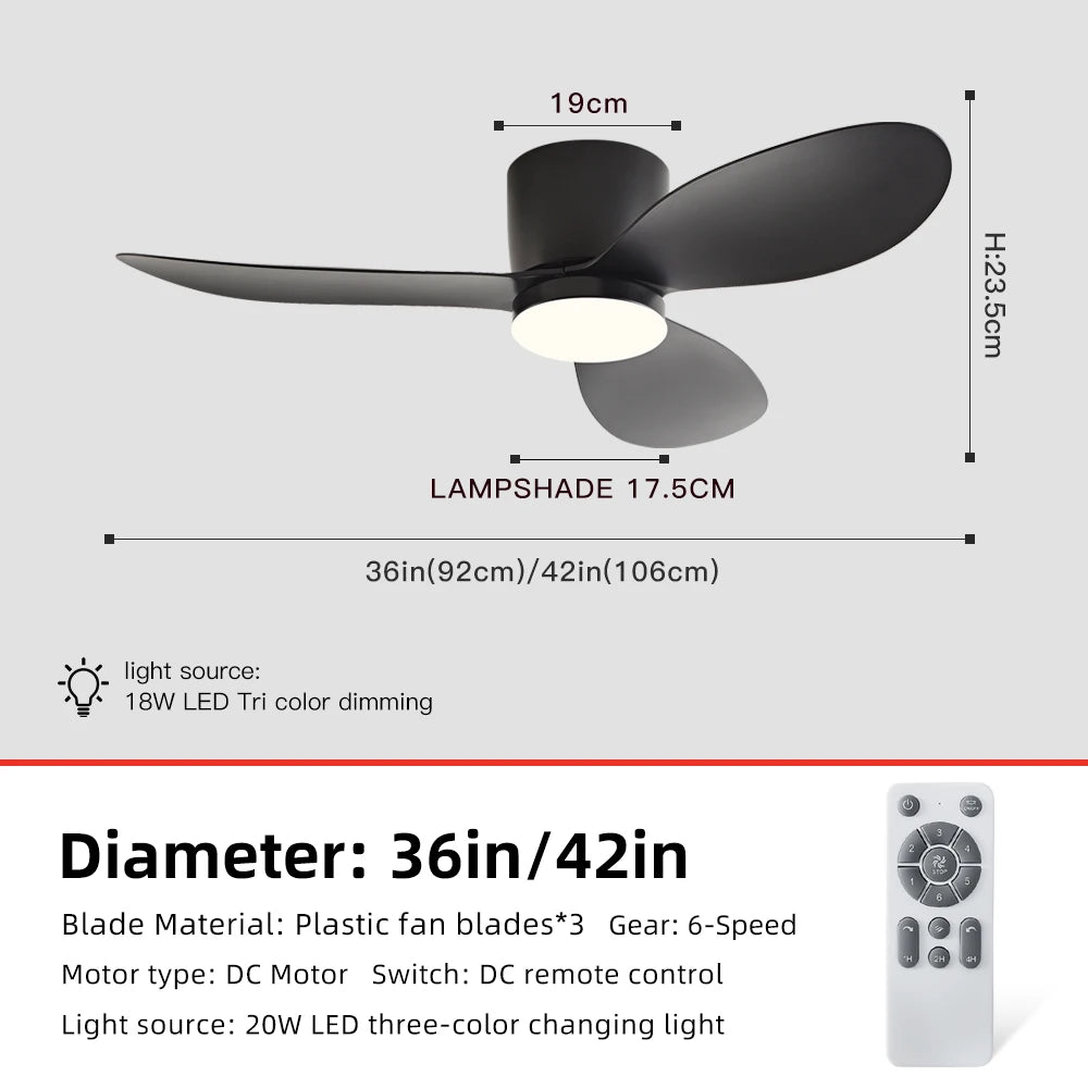 36/42 Inch Modern Ceiling Fan w/Light, 6-Speed DC Motor, Remote, Ultra Quiet, 3-Color Dimmable 18W for Bedroom/Living Room