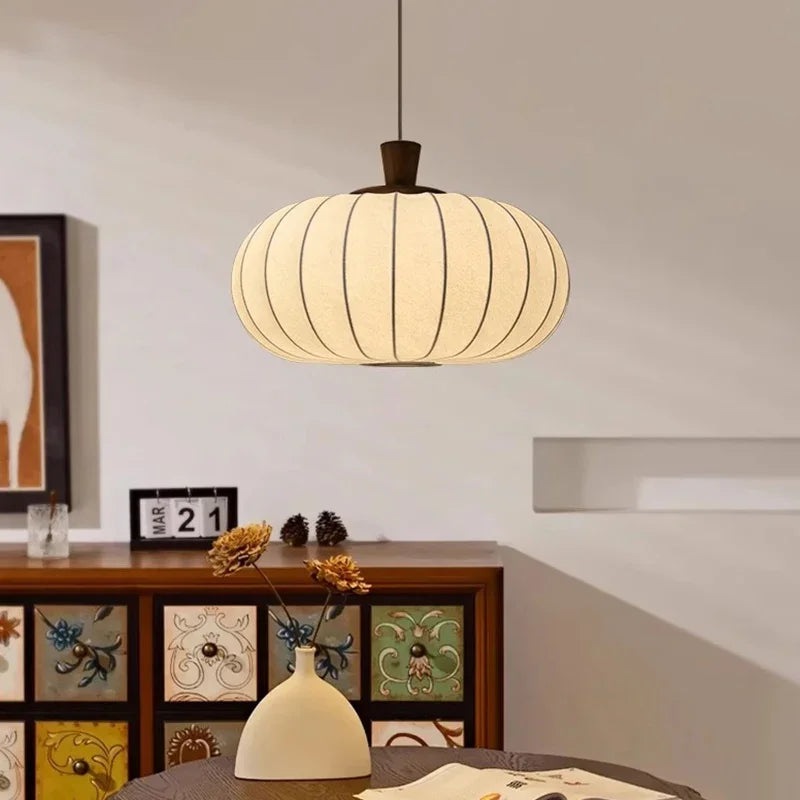 Japanese Wabi-Sabi Silk & Wood LED Pendant Chandelier - Retro Fabric Hanging Ceiling Lamp Fixture for Living Room, Restaurant & Mood Lighting Decor