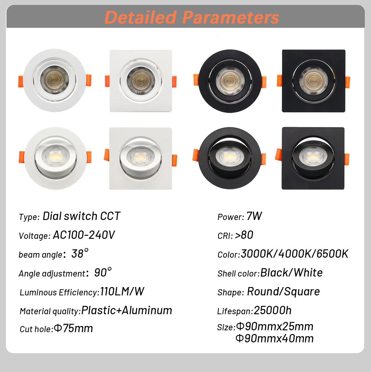 LED Change Color 3 CCT 3000K 4000K 6000K LED Ceiling Spotlight Embedded Light 7W AC 110V 220V Adjust 90°  1-10pcs Lighting Spot