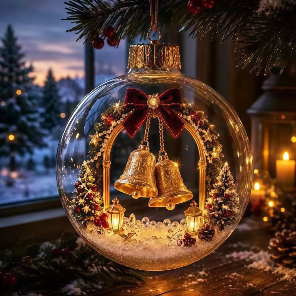 Clear Round Shape Christmas Ball Ornament Warm Light Built In Light Christmas Bauble Miniature Scene Hanging Loop Story Ornament