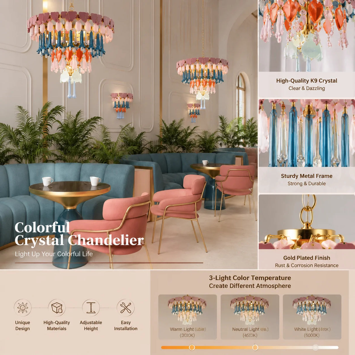 Vintage Ceramic Macaron Crystal Pendant Light LED Hanging Lamp for Bedroom Living Room Hotel Creative Glass Art Chandelier