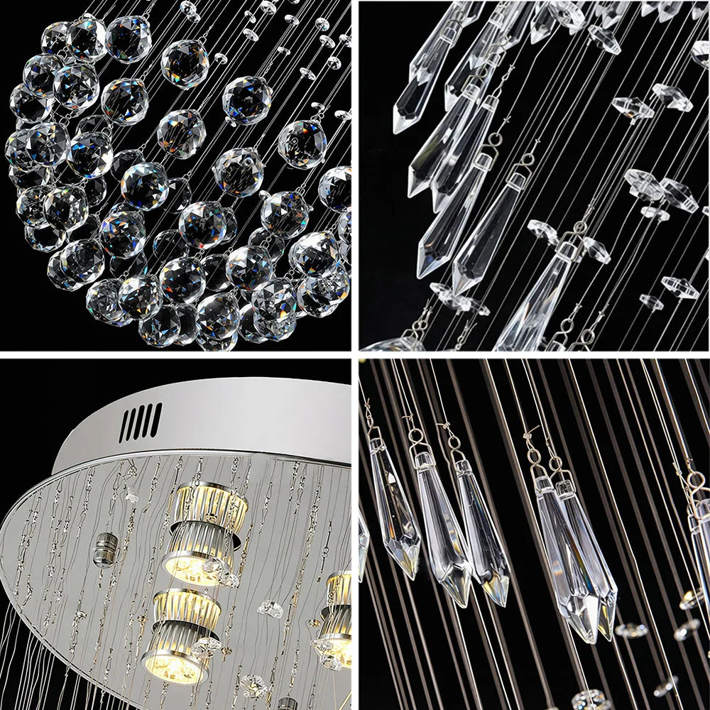 Luxury Vertical Crystal Ball Raindrop Chandelier Polished Stainless Steel Ceiling Plate Long Suspension Light For Stairwell Loft