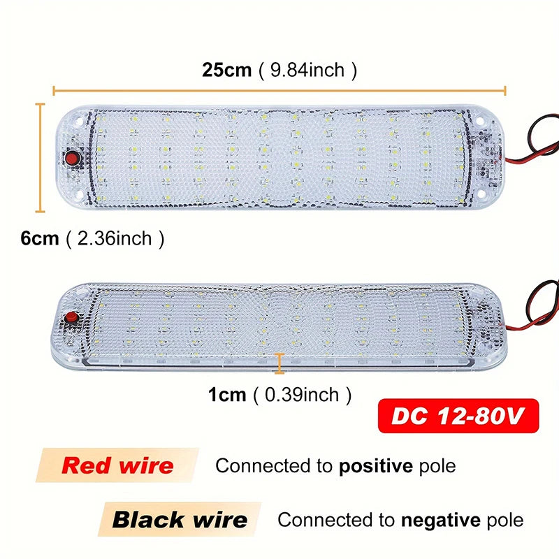 72 LED 12V-80V Car Interior Light Bar - Universal Switched Ceiling Lamp for RV & Boat