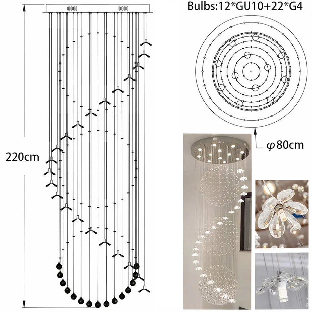 Floral Crystal String Chandelier Tall LED Pendant Light Indoor Decor Lighting For High Ceiling Stairs Lobby Hotel
