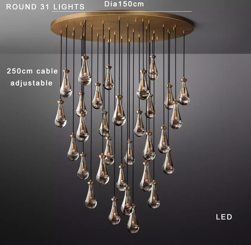 Modern Raindrop Pendant Light Lamp Luxury Round Brass High Ceiling Glass Lampshape Chandelier For Living Room Dining Room Stairs