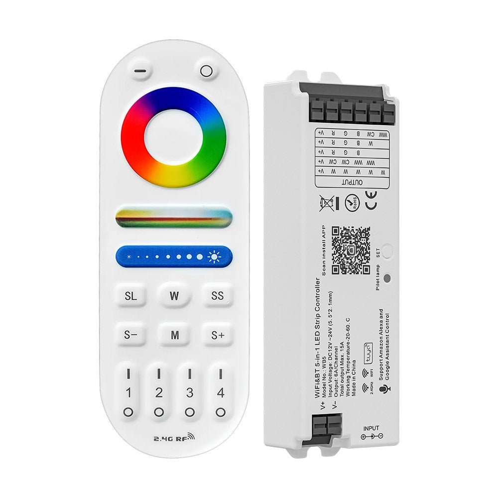 WiFi 5 IN 1 LED Controller Tuya APP Alexa Google Home Voice Control RGB RGBW CCT Led Strip Dimmer Bluetooth APP RF Remote