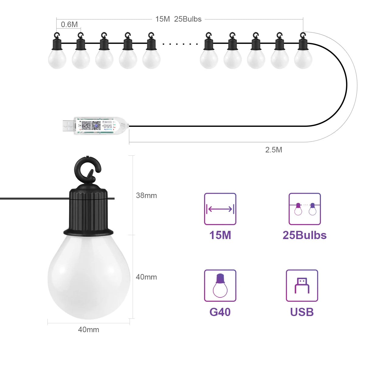 Smart WIFI/Bluetooth G40 LED Bulb String Light 25/50 Bulbs Christmas USB Fairy Lights Room Outdoor Garden Decor LED Garland Lamp