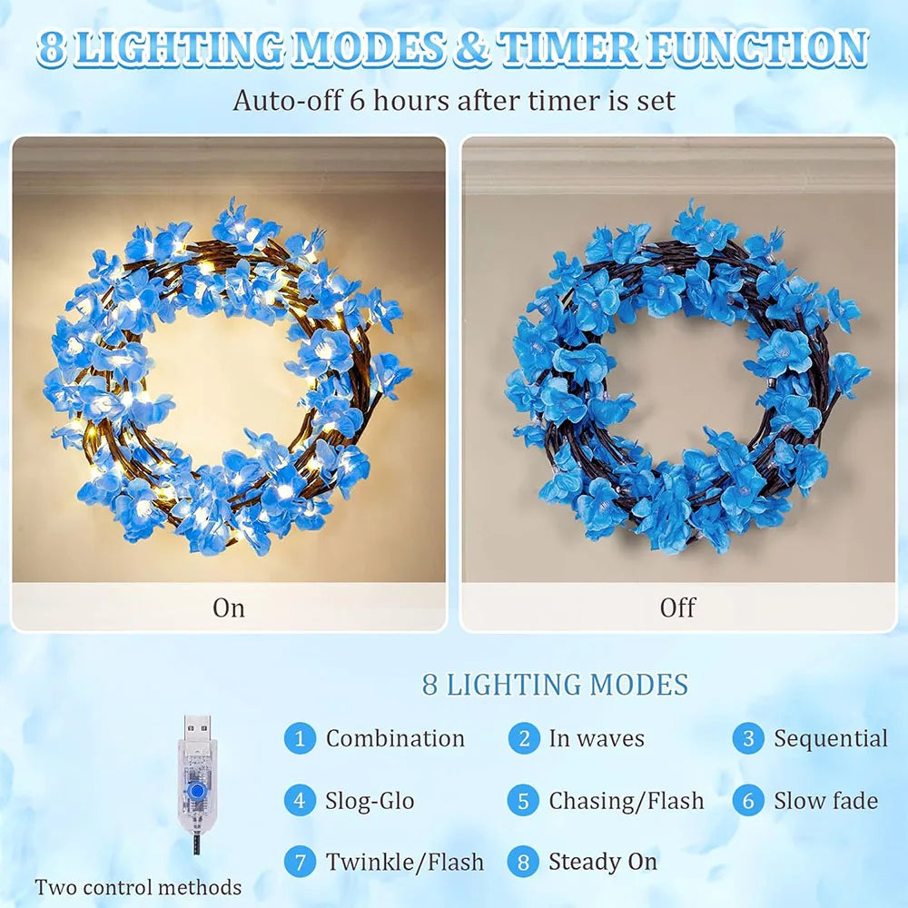 LED Blue Cherry Willow Vine Lights - Cherry Blossom Branch Lights with Timer