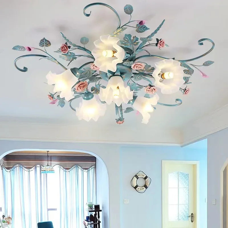 Romantic Rose Flower Ceiling Lamp Pastoral Style Glass Flower Ceiling Chandelier For Bedroom Living Room Art Attic LED Lighting