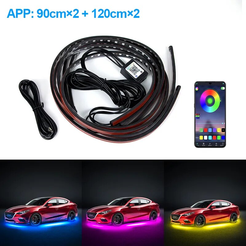  Flexible Under glow Strip Light LED Underbody Remote APP Control RGB Neon Lights Atmosphere Lamp for Auto Decoration