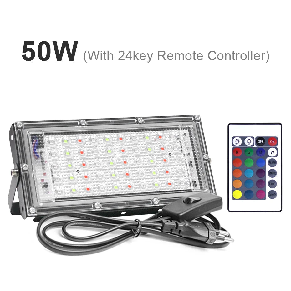 IP65 Waterproof RGB LED Flood Light (50W/100W/300W) AC220V - Outdoor Projector Spotlight with Remote Control & EU Switch Plug