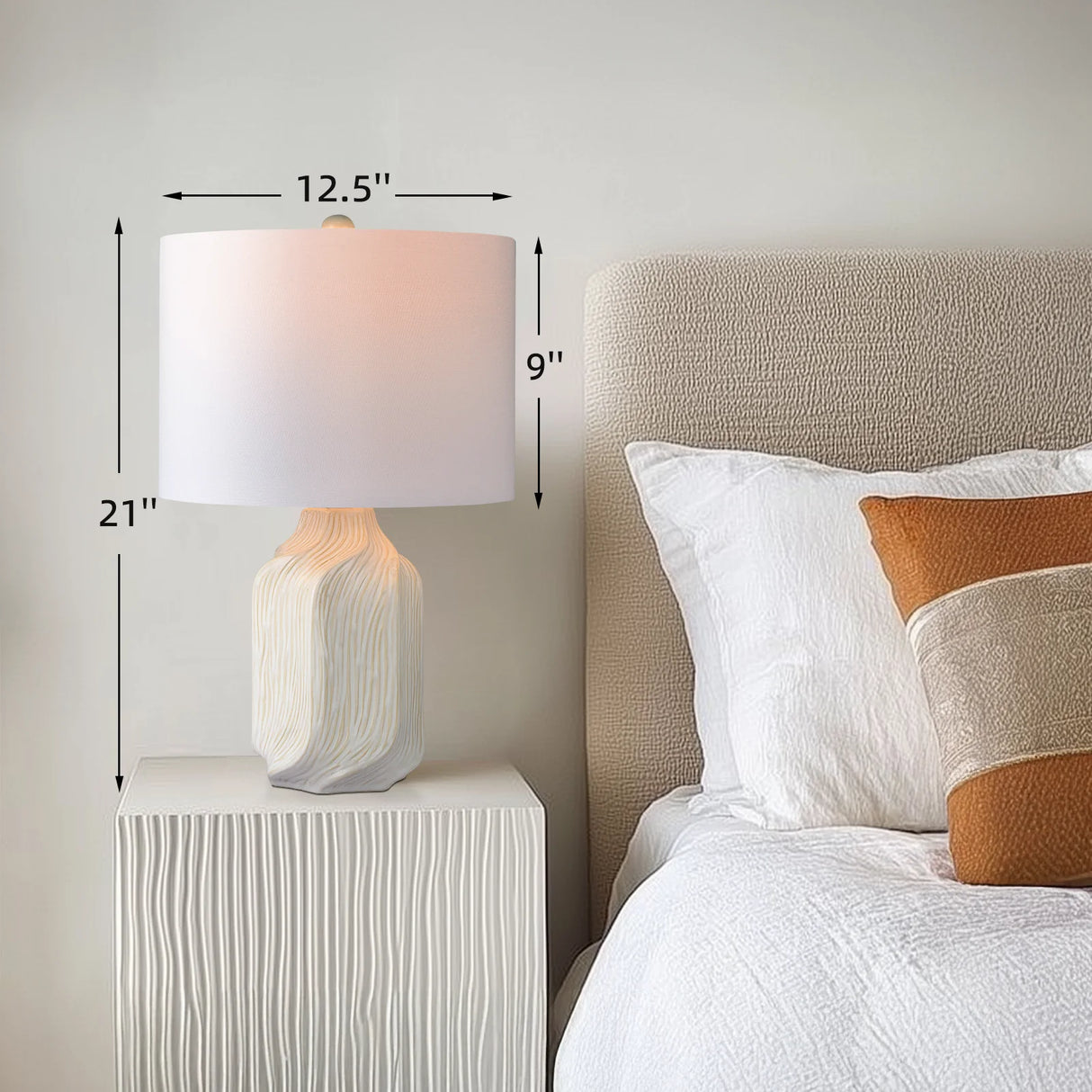 21 Inch Etched Ceramic Table Lamp With Shade, Gloss White Glaze Handcrafted Accent Lamps For Living Room, Bedroom