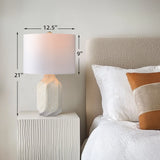 21 Inch Etched Ceramic Table Lamp With Shade, Gloss White Glaze Handcrafted Accent Lamps For Living Room, Bedroom