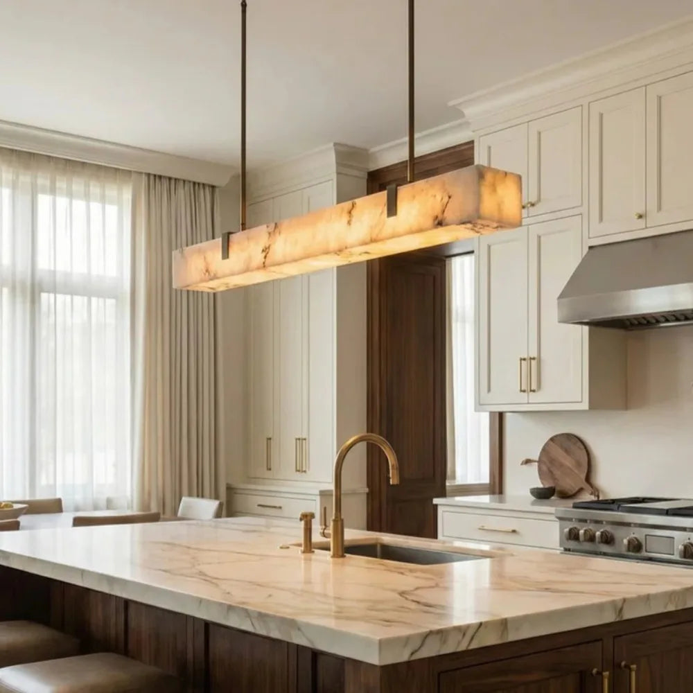 Modern Natural Marble LED Pendant Light - Rectangular Alabaster Chandelier Fixture for Living Room, Kitchen Bar & Dining Room