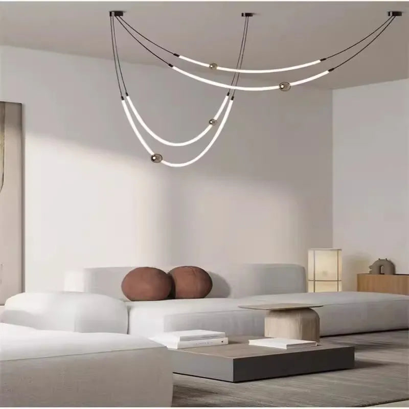 Nordic restaurant living room pendant light with long lines artistic creative designer exhibition hall curved LED chandelier