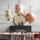 Chinese Style Japanese Fabric Lantern Pendent Lamp Hotel Restaurant Tatami Hand-painted Bamboo Leaf Pattern Room Decor Lights