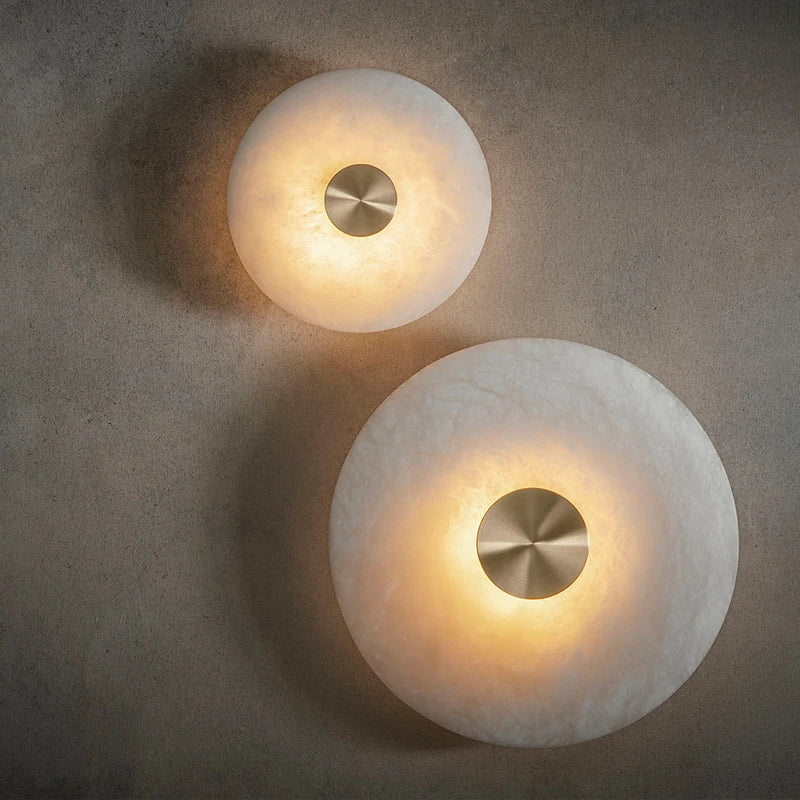 Art Deco Round LED Wall Sconce - Natural Marble & Brass Corridor Light