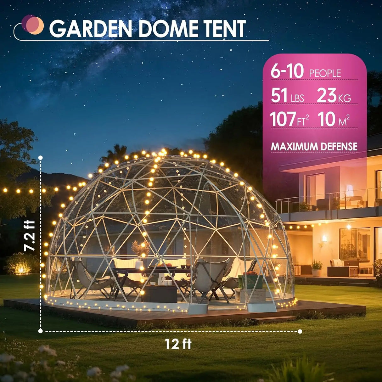 12FT Outdoor Dome Tent Waterproof PVC Clear Cover LED Lights Window 6-10 Person Camping Backyard Patio Party Custom