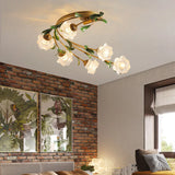 Romantic American Retro Countryside Flower LED Ceiling Light Nordic Designer Wrought Iron Glass Living Room Decoration