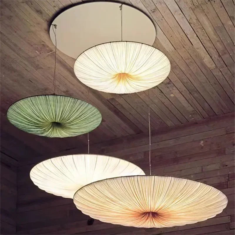 Wabi Sabi Led Fabric Ceiling Light Round Whtie Flying Saucer Chandelierfor Living Room Bedroom Restaurant Fabric Pendant Lamp
