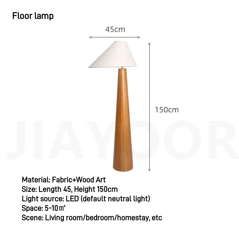 Conical Oak Solid Wood Floor Lamp - Retro Wabi-Sabi Standing Light & Desk Lamp Fixture for Living Room, Bedroom & Study