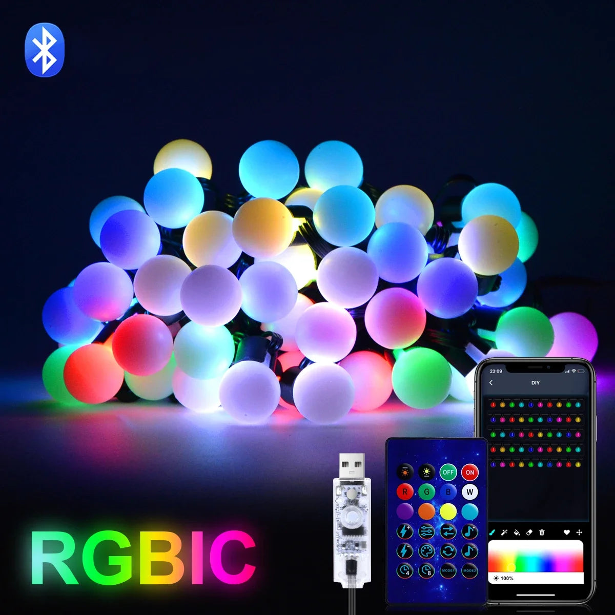 10M G40 LED Bulb String Light Bluetooth APP Remote Outdoor USB RGB Color Changing String for Party Wedding Garden Backyard