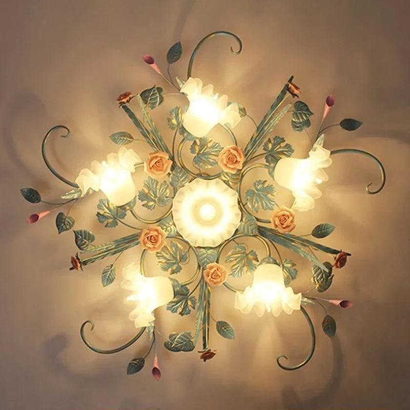 Romantic Rose Flower Ceiling Lamp Pastoral Style Glass Flower Ceiling Chandelier For Bedroom Living Room Art Attic LED Lighting