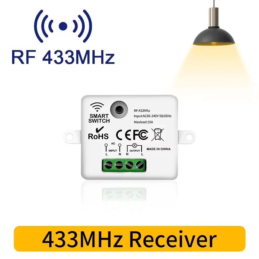 Wireless RF 433MHz Light Switch Kit - 10A Relay Receiver & Mini Wall Button