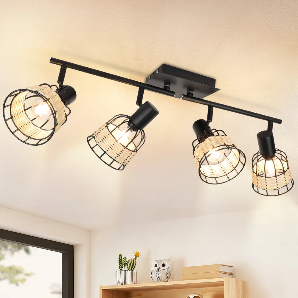 Vintage Track LED 2/3/4/6 Light Ceiling Spotlight Rustic Metal and Rattan Light Industrial Track Lamp for Foyer E12