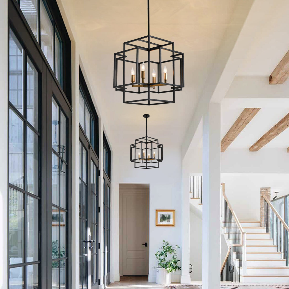 4-Lights Lantern American Style Pendant Lights Fixtures Industrial Farmhouse Hanging Chandelier for Living Room Island Kitchen