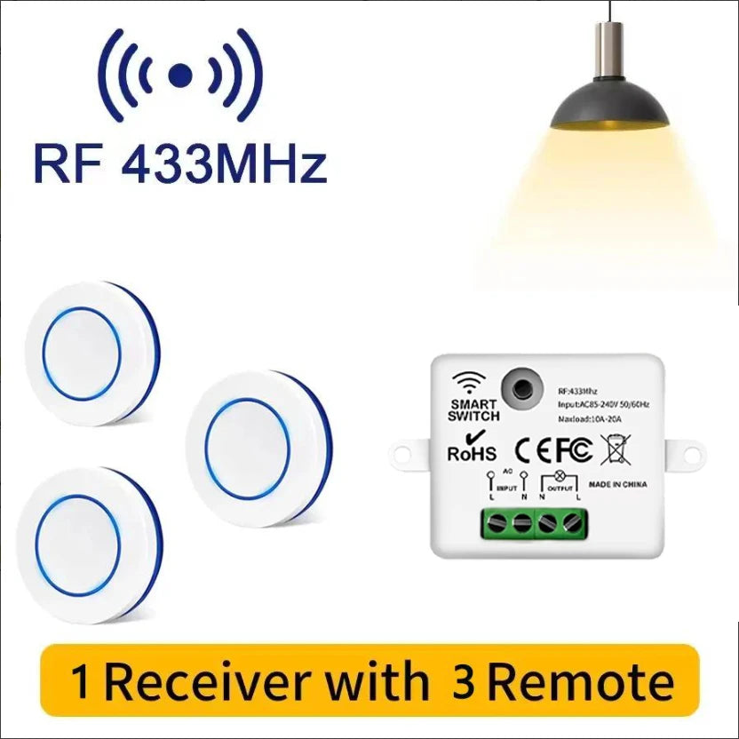 Wireless RF 433MHz Light Switch Kit - 10A Relay Receiver & Mini Wall Button