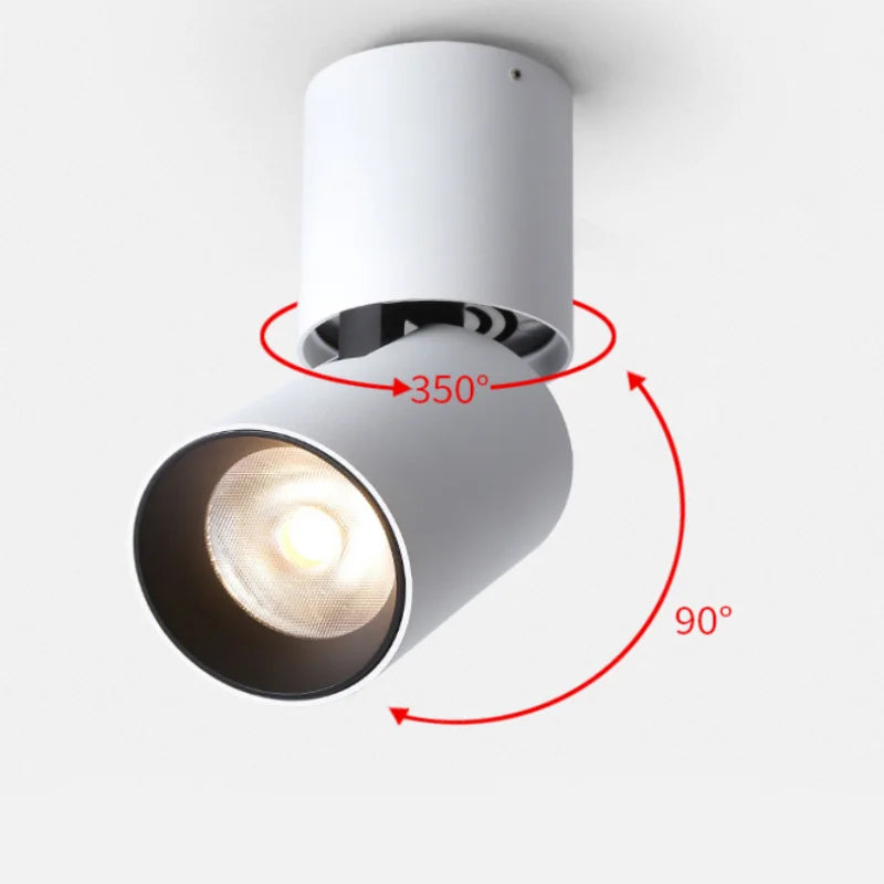 LED ceiling-mounted adjustable downlight for home and commercial lighting. Foldable, rotates 90°, 355°. Ceiling-mounted