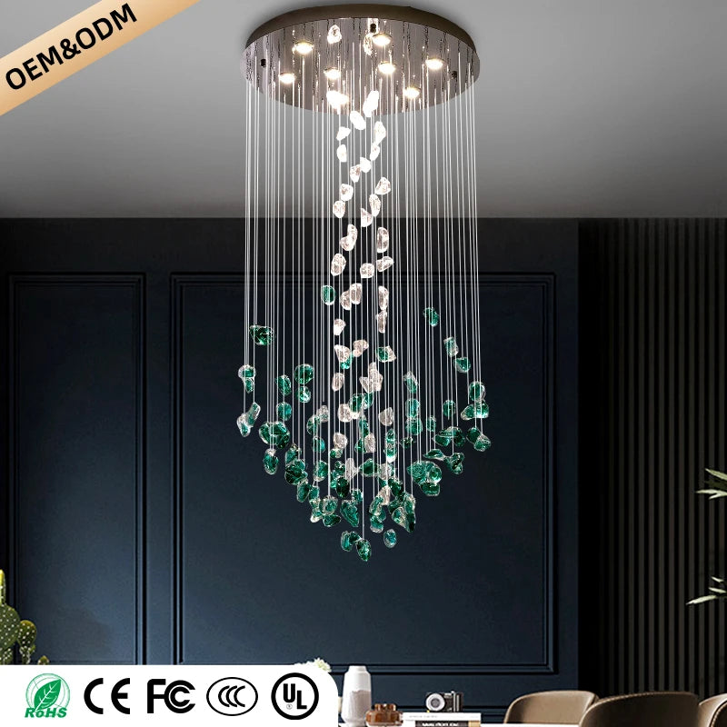 Dining Room Chandeliers Duplex Villa Hall Hanging Lamp Luxury Living Room High Ceiling Green Stone Glass LED Pendant Lights