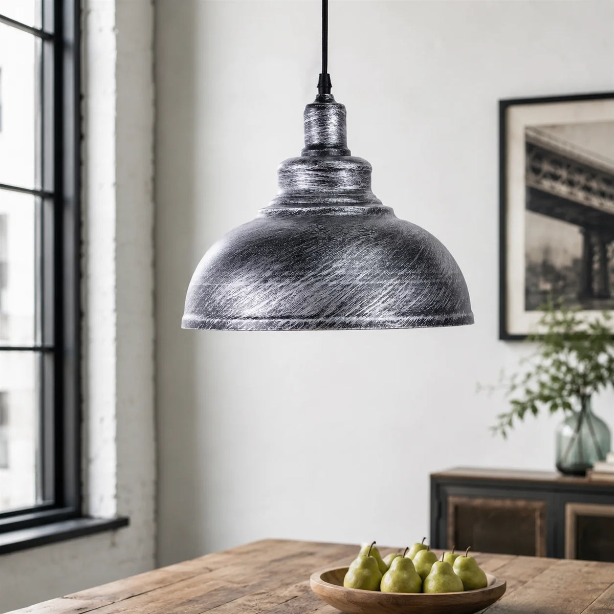 Industrial Metal Pendant Light (1-Pack / 2-Pack) - Retro Silver Hanging Chandelier Fixture for Kitchen, Bar, Cafe & Living Room