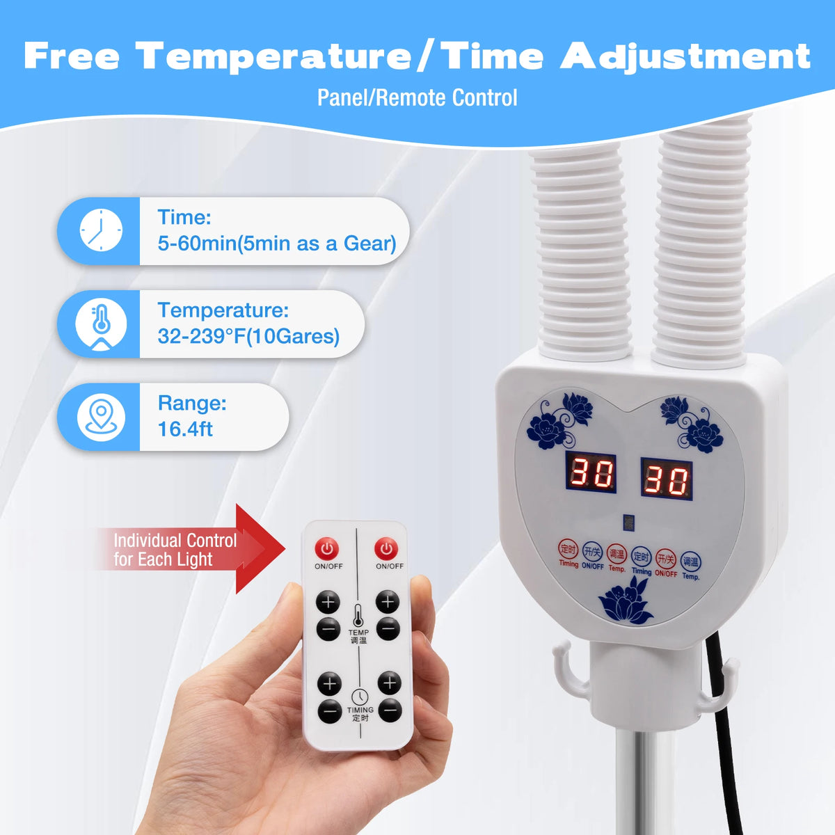 Red Light Therapy LED Electric Infrared Baking Lamp 275W Double-head 360° Adjustable Temperature Heat Lamp Remote Control With Rotating Pulley Base