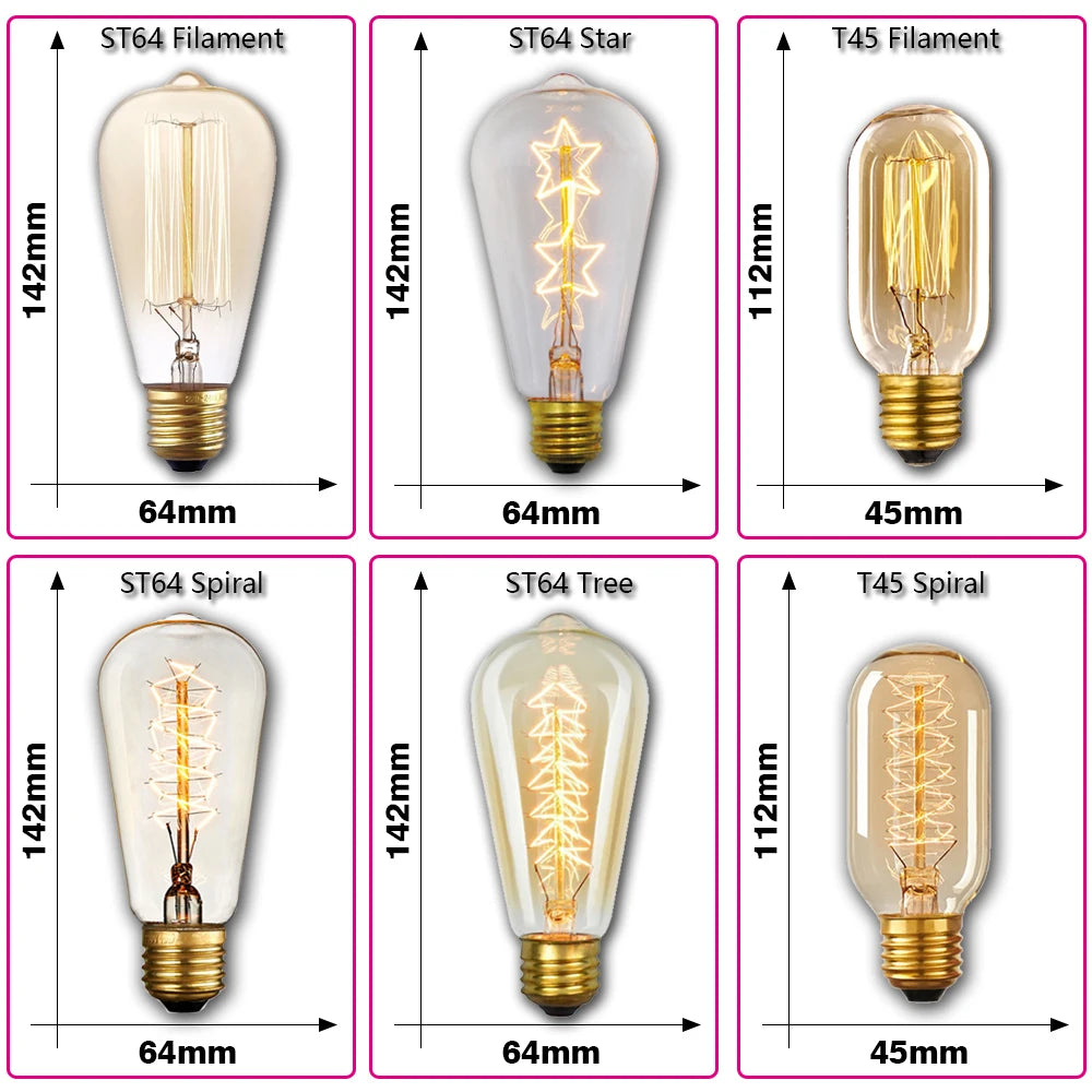 Retro Edison Light Bulb E27 220V 40W ST64 G80 G95 T10 T45 T185 A19 A60 Filament Incandescent Ampoule Bulbs Vintage Edison Lamp