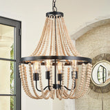 Modern Boho Wood Bead Chandelier Classic Dimmable High Ceilings Chandeliers With Matt Black Finished For Bedroom Hall