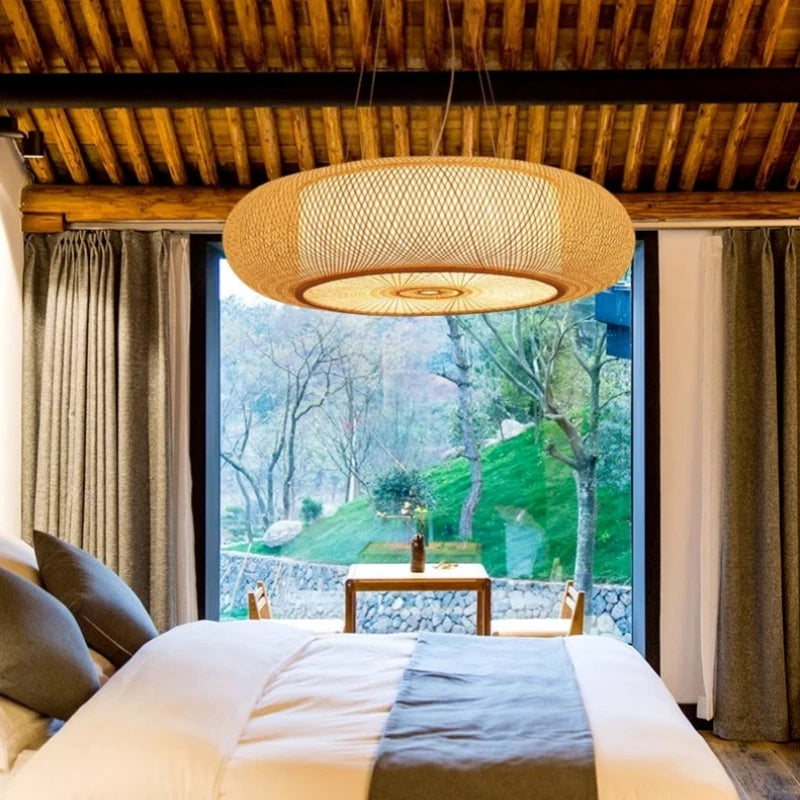 Designer&#39;s New Chinese Style Rattan Bamboo Woven LED Pendent Lamp Living Room Bedroom Rural Creative Decorative Lighting Fixture