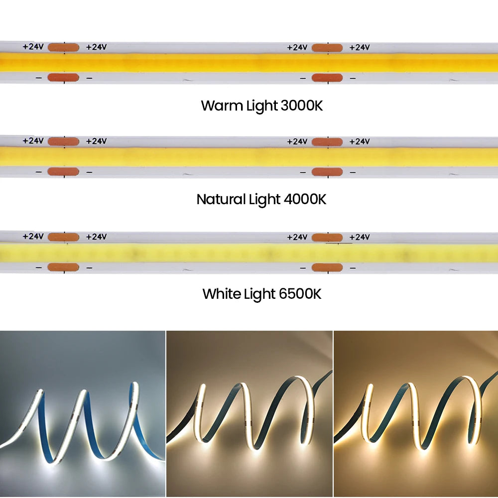 12V 24V COB LED Strip Light 320LEDs/M High Density Flexible 8mm FOB Tape Lights 5M 10M RA90 Warm Nature Cold White Linear Ribbon