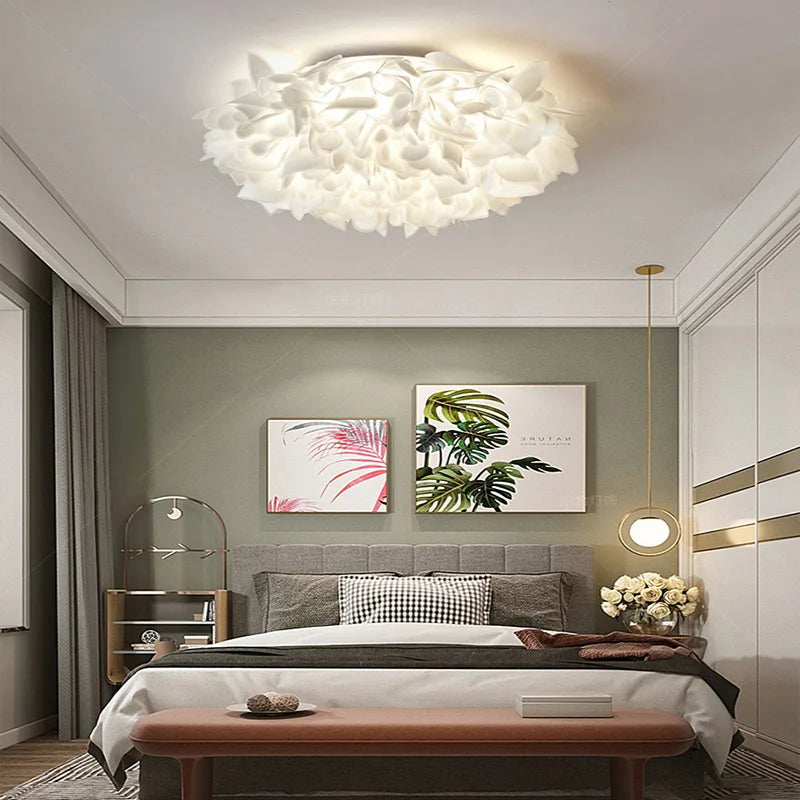 Romantic White Flower LED Ceiling Lamp Bedroom Restaurant Parlor Lighting Remote Control Dimmable Home Decors PVC Dropshipping