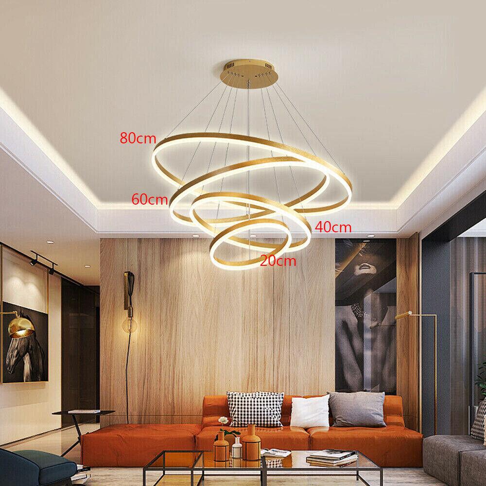 Golden LED 4-Ring Chandelier Lamp Bedroom Pendant Light 110V Adjustable Room Decor