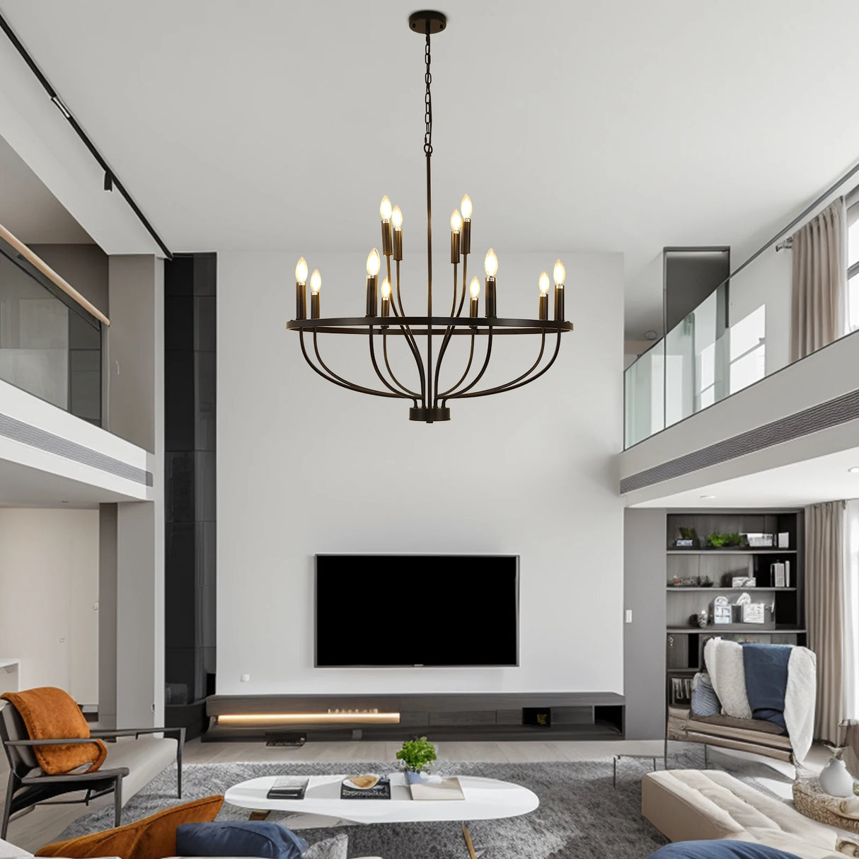 12-Light Black Chandelier Diam 33.46 Inch, Farmhouse Industrial Country Style Large Round Pendant Light Fixture for Dining Room