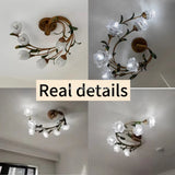 Romantic American Retro Countryside Flower LED Ceiling Light Nordic Designer Wrought Iron Glass Living Room Decoration