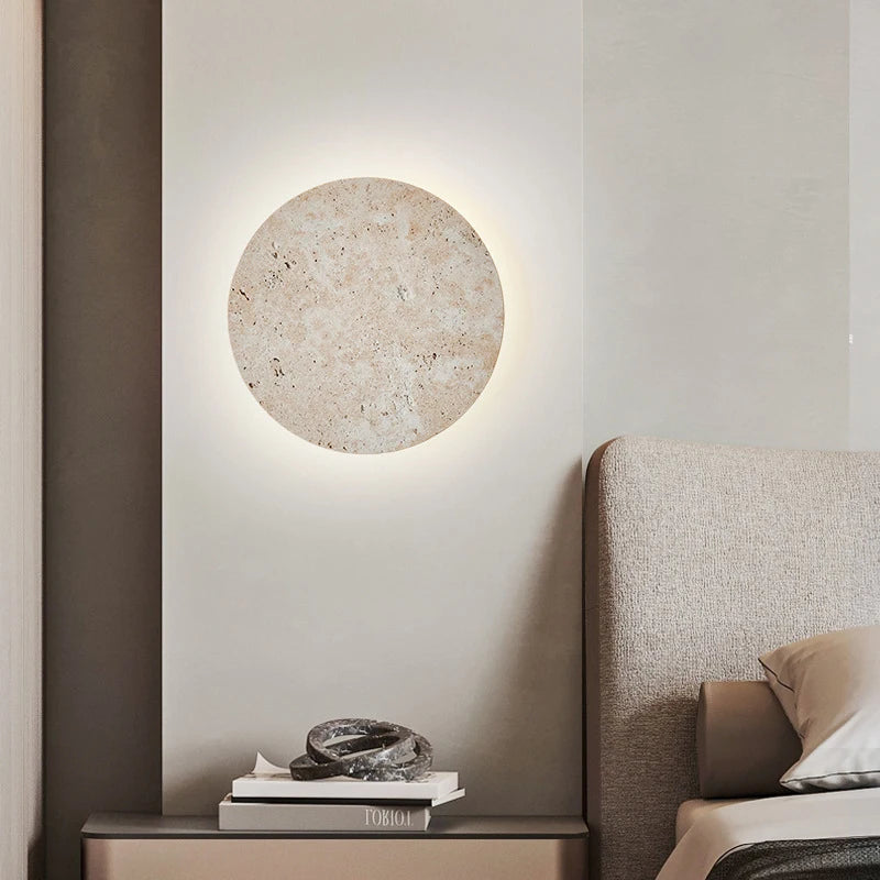 Wabi-Sabi Japanese Style Bedroom Bedside Wall Lamp Retro Homestay Corridor Aisle Porch Round Yellow Travertine Led Lighting