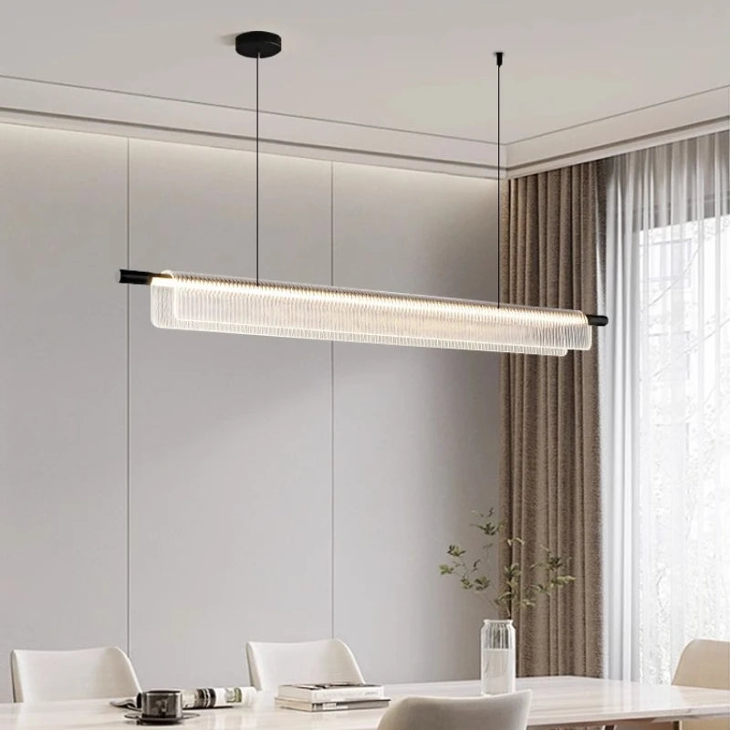 Simple Acrylic Linear LED Chandelier for Dining Table Kitchen Island Restaurant Bar Office Study Modern Iron Strip Pendant Light