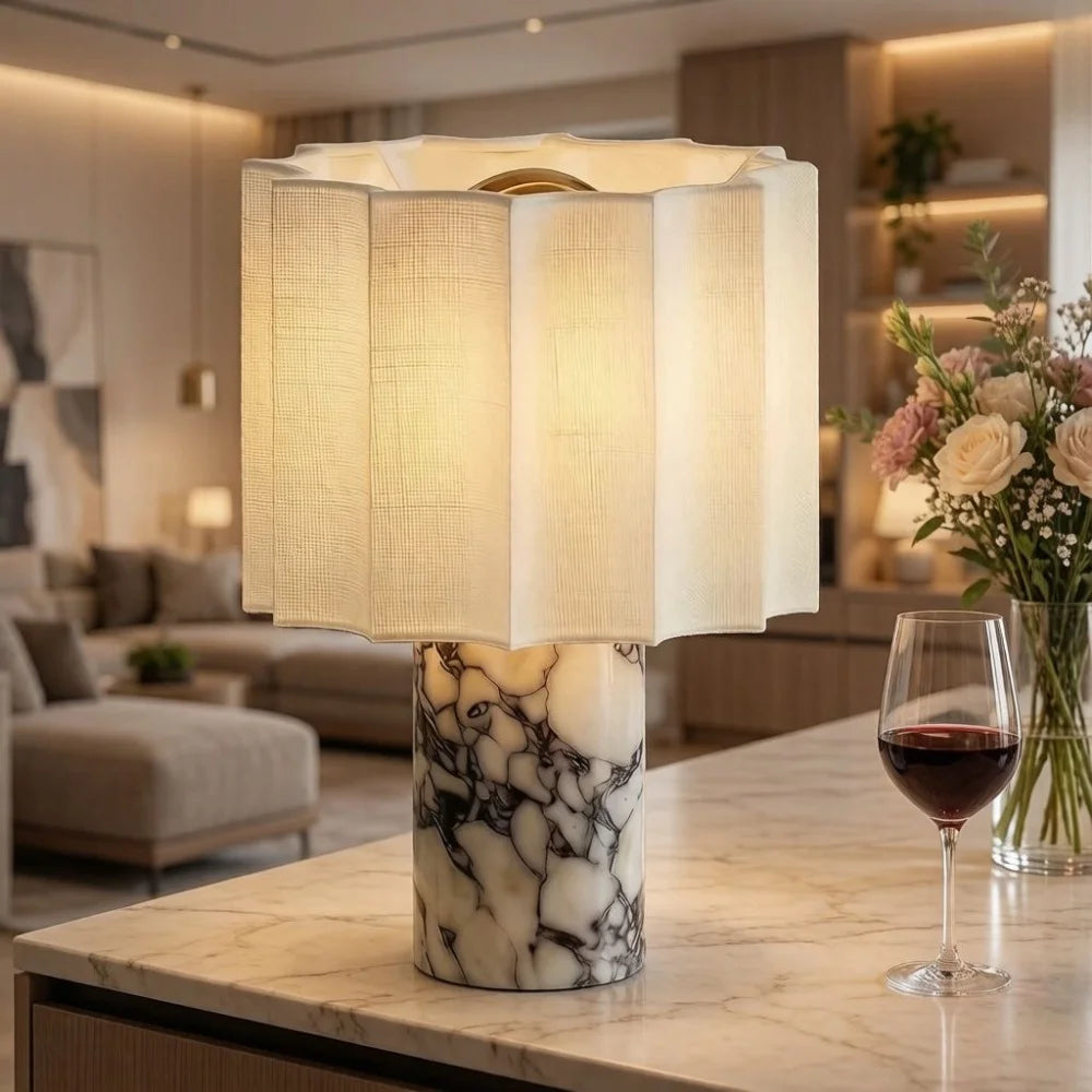 Marble Touch Table Lamp USB Rechargeable Cordless Bedroom Bedside Small Glow Night Light Stone Base and Linen Fabric Shades