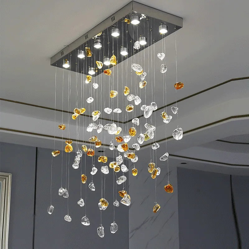 Luxury LED Crystal Pendant Lamp Restaurant Living Room Villa Bedroom Irregular Stone Chandelier Indoor Art Decor with Spotlight